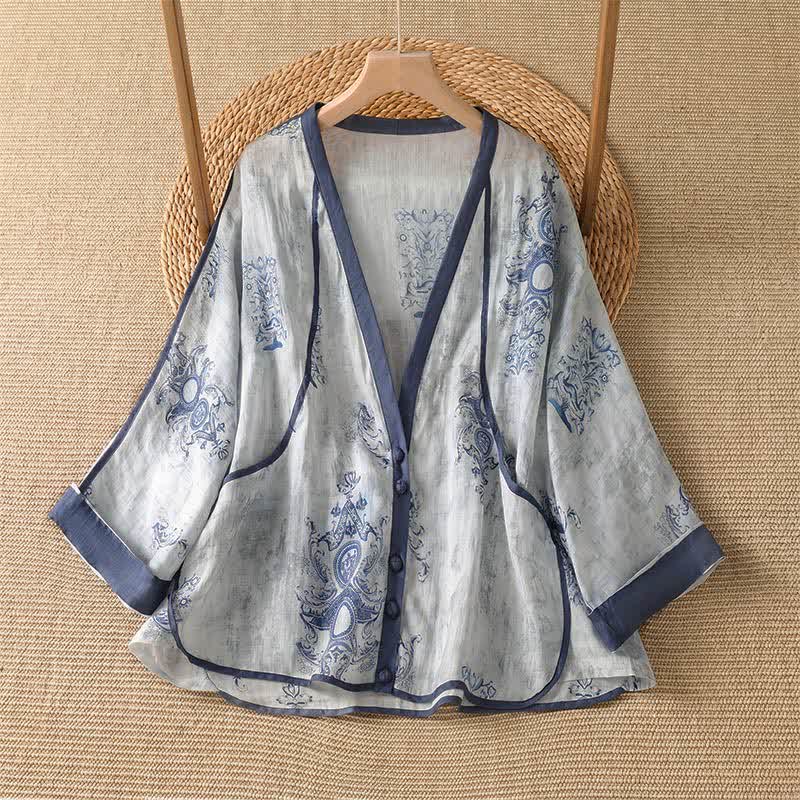 Buddha Stones Summer Casual Vintage Button-Up Floral Women's Long Sleeve Shirts With Pocket - LightSteelBlue - US14, UK/AU18, EU46 (2XL) - image 0