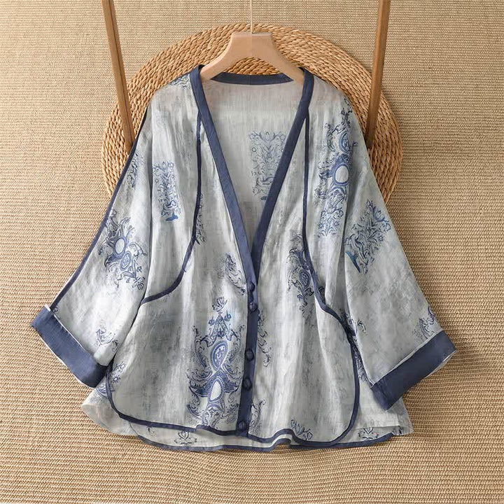 Buddha Stones Summer Casual Vintage Button-Up Floral Women's Long Sleeve Shirts With Pocket - LightSteelBlue - US14, UK/AU18, EU46 (2XL) - image 0