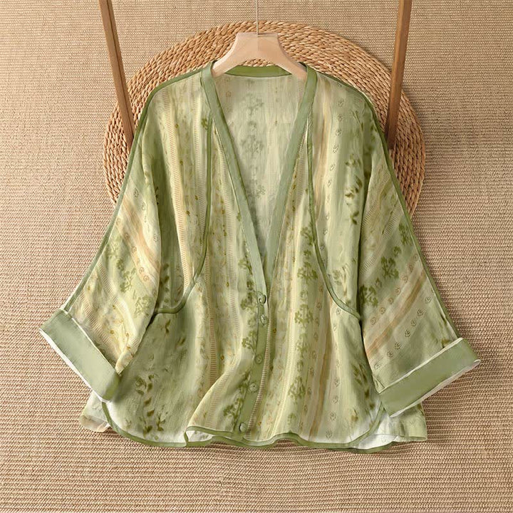 Buddha Stones Summer Casual Vintage Button-Up Floral Women's Long Sleeve Shirts With Pocket - YellowGreen - US14, UK/AU18, EU46 (2XL) - image 6