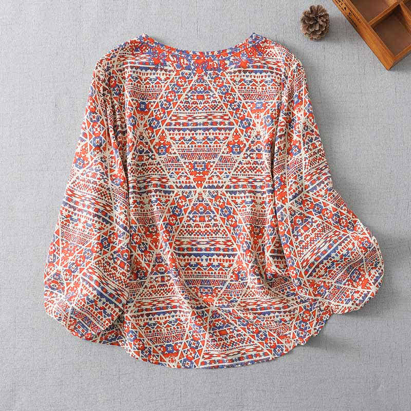 Buddha Stones Summer Boho Vintage Red Geometric V-Neck Women's Long Sleeve T-Shirt - image 1