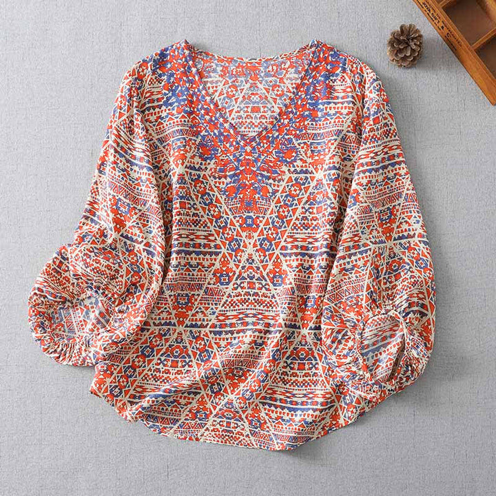 Buddha Stones Summer Boho Vintage Red Geometric V-Neck Women's Long Sleeve T-Shirt - Salmon - US8-10, UK/AU12-14, EU40-42 (2XL) - image 0