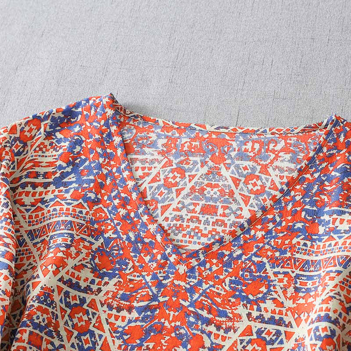 Buddha Stones Summer Boho Vintage Red Geometric V-Neck Women's Long Sleeve T-Shirt - image 2