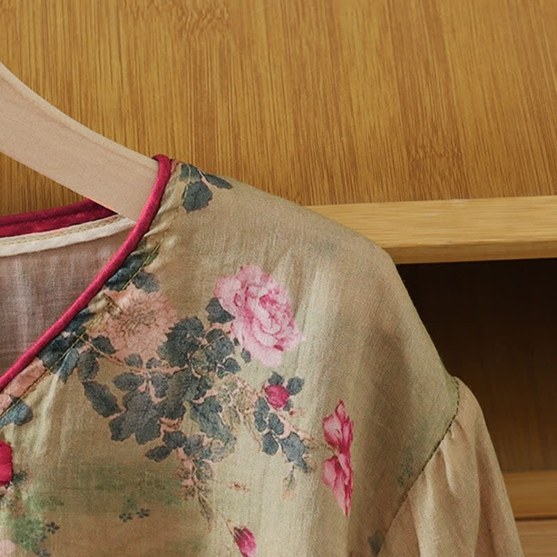 Buddha Stones Summer Tang Style Vintage Mandarin Collar Pink Rose Floral Women's Elbow-Length Sleeve Shirts - image 6