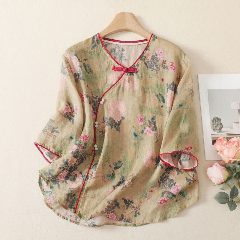 Buddha Stones Summer Tang Style Vintage Mandarin Collar Pink Rose Floral Women's Elbow-Length Sleeve Shirts - DarkKhaki - US12, UK/AU16, EU44 (2XL) - image 0