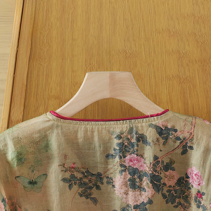 Buddha Stones Summer Tang Style Vintage Mandarin Collar Pink Rose Floral Women's Elbow-Length Sleeve Shirts - image 5