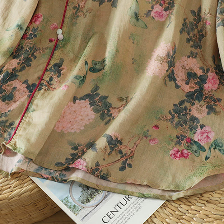Buddha Stones Summer Tang Style Vintage Mandarin Collar Pink Rose Floral Women's Elbow-Length Sleeve Shirts - image 8
