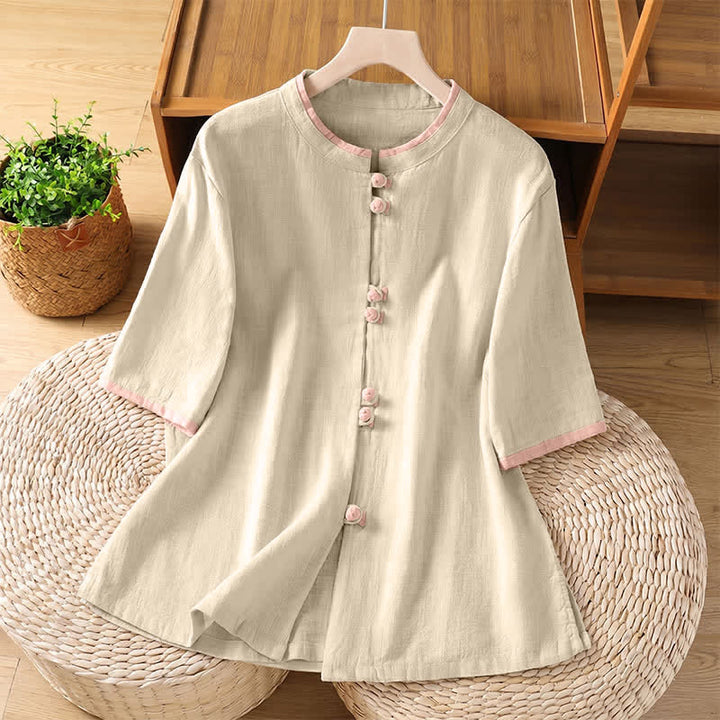 Buddha Stones Summer Tang Style Vintage Frog Button Crew Neck Contrast Women's Short Sleeve Shirts - Beige - US8-10, UK/AU12-14, EU40-42 (2XL) - image 14
