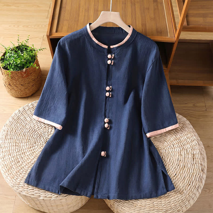 Buddha Stones Summer Tang Style Vintage Frog Button Crew Neck Contrast Women's Short Sleeve Shirts - Navy - US8-10, UK/AU12-14, EU40-42 (2XL) - image 0