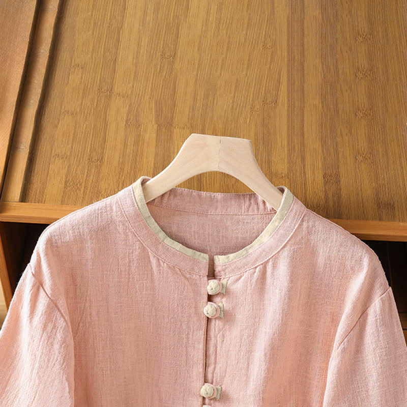 Buddha Stones Summer Tang Style Vintage Frog Button Crew Neck Contrast Women's Short Sleeve Shirts - image 9
