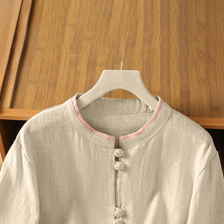 Buddha Stones Summer Tang Style Vintage Frog Button Crew Neck Contrast Women's Short Sleeve Shirts - image 16