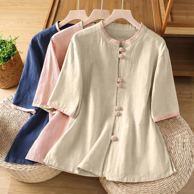 Buddha Stones Summer Tang Style Vintage Frog Button Crew Neck Contrast Women's Short Sleeve Shirts - image 23