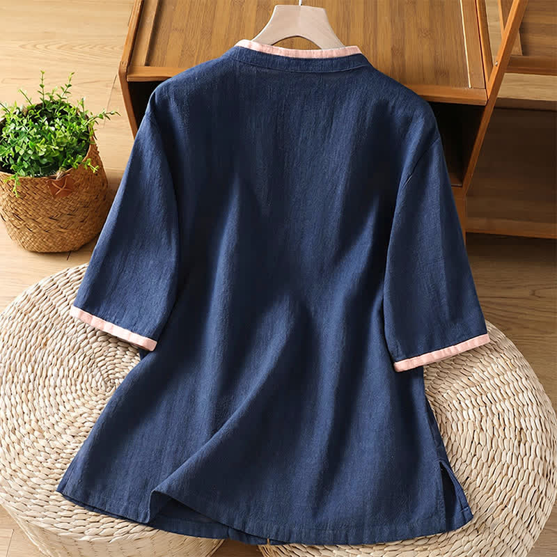 Buddha Stones Summer Tang Style Vintage Frog Button Crew Neck Contrast Women's Short Sleeve Shirts - image 1