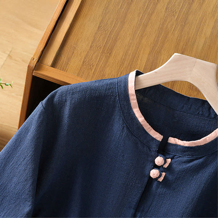 Buddha Stones Summer Tang Style Vintage Frog Button Crew Neck Contrast Women's Short Sleeve Shirts - image 4
