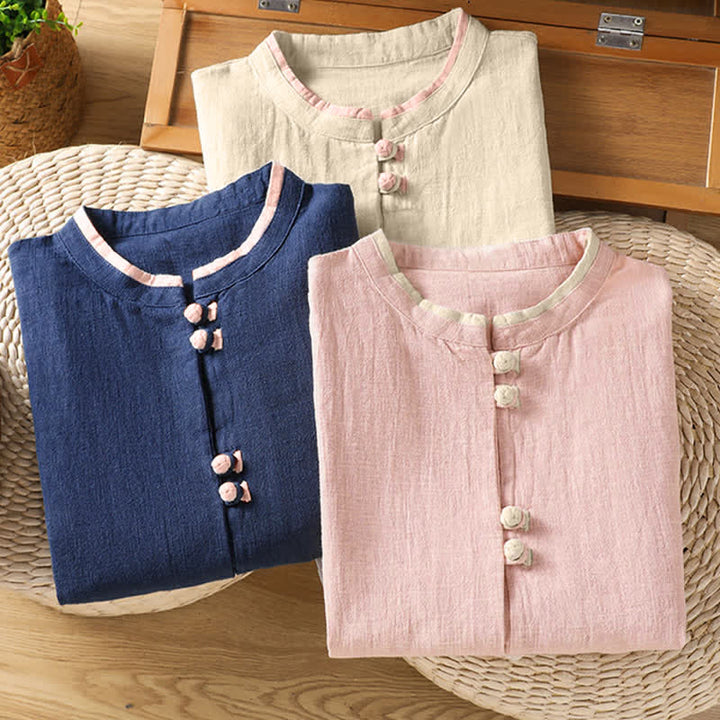 Buddha Stones Summer Tang Style Vintage Frog Button Crew Neck Contrast Women's Short Sleeve Shirts - image 24