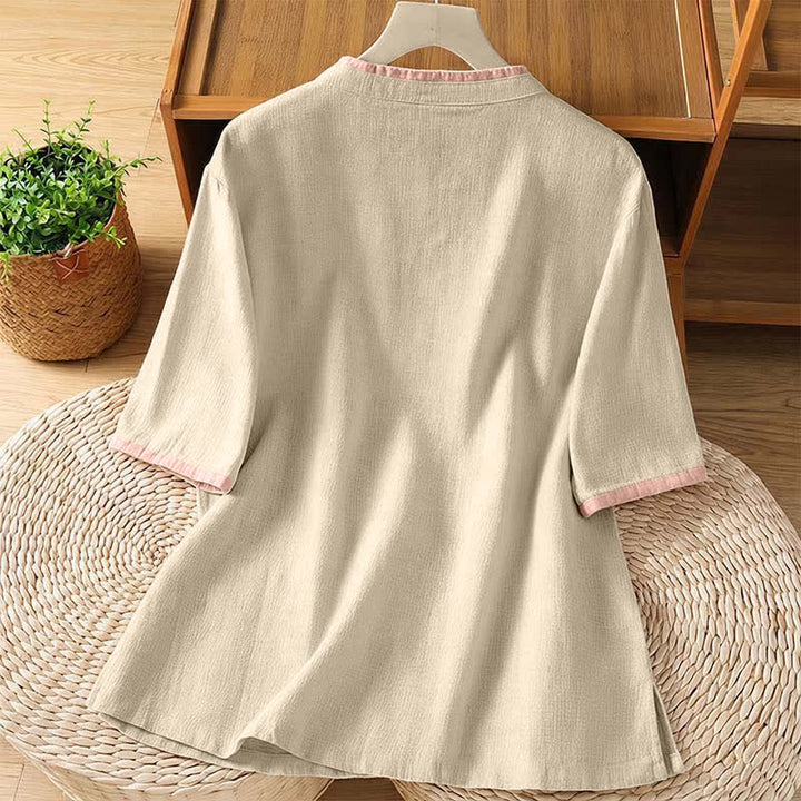 Buddha Stones Summer Tang Style Vintage Frog Button Crew Neck Contrast Women's Short Sleeve Shirts - image 15