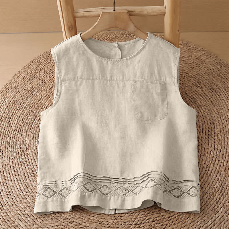 Buddha Stones Summer Casual Vintage Geometric Tank Top Hollow Hem Back Buttons Women's Sleeveless Shirts With Patch Pocket - Linen Shirt - US8-10, UK/AU12-14, EU40-42 (2XL) - image 31