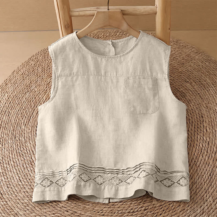 Buddha Stones Summer Casual Vintage Geometric Tank Top Hollow Hem Back Buttons Women's Sleeveless Shirts With Patch Pocket - Linen Shirt - US8-10, UK/AU12-14, EU40-42 (2XL) - image 31