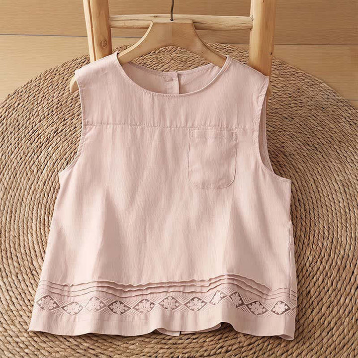 Buddha Stones Summer Casual Vintage Geometric Tank Top Hollow Hem Back Buttons Women's Sleeveless Shirts With Patch Pocket - LightPink Shirt - US8-10, UK/AU12-14, EU40-42 (2XL) - image 0