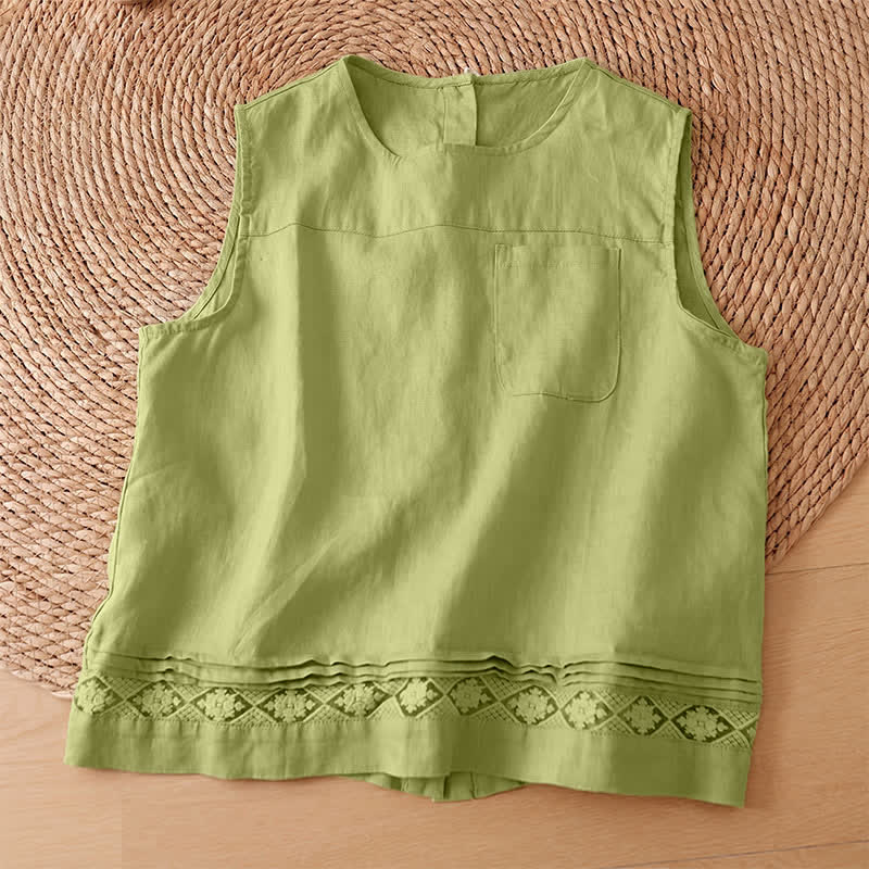 Buddha Stones Summer Casual Vintage Geometric Tank Top Hollow Hem Back Buttons Women's Sleeveless Shirts With Patch Pocket - image 16