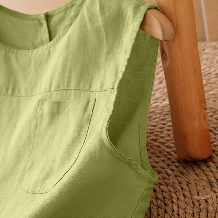 Buddha Stones Summer Casual Vintage Geometric Tank Top Hollow Hem Back Buttons Women's Sleeveless Shirts With Patch Pocket - image 18