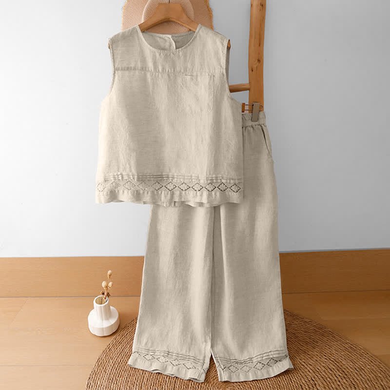 Buddha Stones Summer Casual Vintage Geometric Tank Top Hollow Hem Back Buttons Women's Sleeveless Shirts With Patch Pocket - image 46