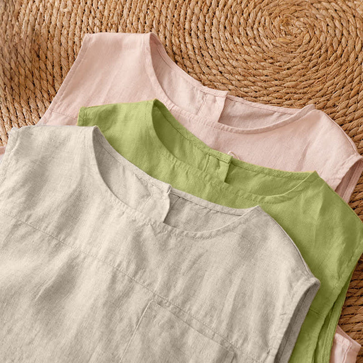 Buddha Stones Summer Casual Vintage Geometric Tank Top Hollow Hem Back Buttons Women's Sleeveless Shirts With Patch Pocket - image 47