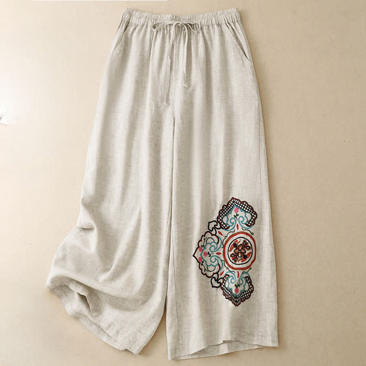 Buddha Stones Summer Casual Embroidery Floral Capri Pants Women's Wide Leg Pants With Pocket - image 2