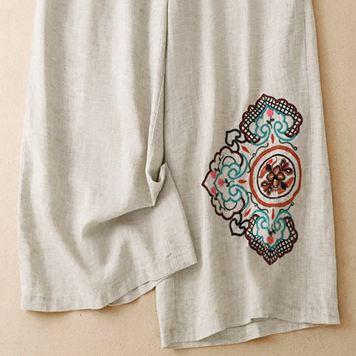 Buddha Stones Summer Casual Embroidery Floral Capri Pants Women's Wide Leg Pants With Pocket - image 6
