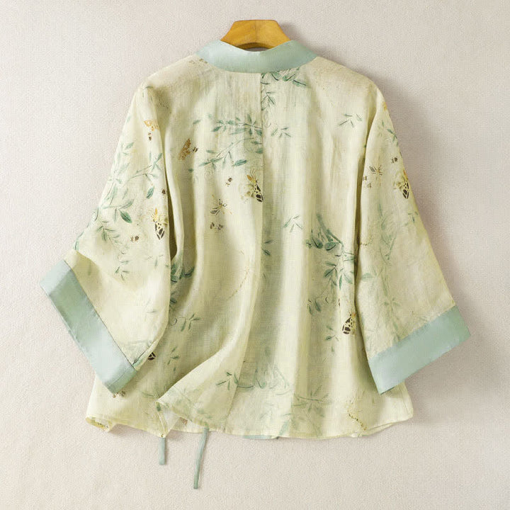 Buddha Stones Summer Casual Vintage Drawstring V-Neck Floral Contrast Trim Three-Quarter Sleeve Women's Kimono - image 1