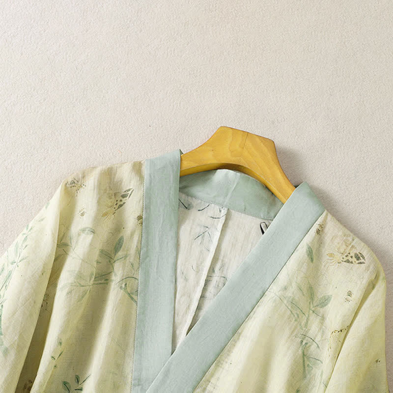 Buddha Stones Summer Casual Vintage Drawstring V-Neck Floral Contrast Trim Three-Quarter Sleeve Women's Kimono - image 3