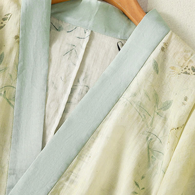 Buddha Stones Summer Casual Vintage Drawstring V-Neck Floral Contrast Trim Three-Quarter Sleeve Women's Kimono - image 5