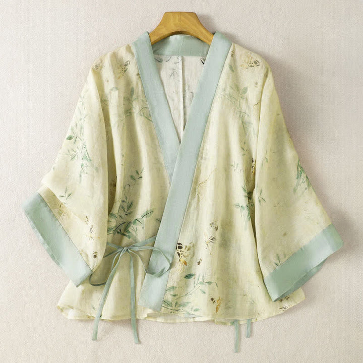 Buddha Stones Summer Casual Vintage Drawstring V-Neck Floral Contrast Trim Three-Quarter Sleeve Women's Kimono - Beige - US8-10, UK/AU12-14, EU40-42 (2XL) - image 0