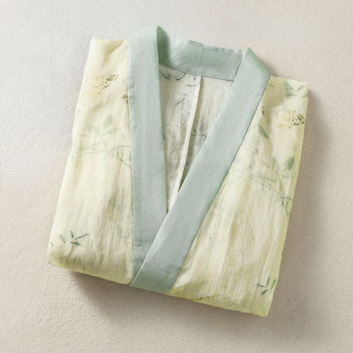 Buddha Stones Summer Casual Vintage Drawstring V-Neck Floral Contrast Trim Three-Quarter Sleeve Women's Kimono - image 2