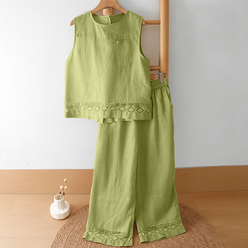 Buddha Stones Summer Casual Minimalist Geometric Hollow Hem Ankle Pants Women's Wide Leg Pants With Pockets - image 15
