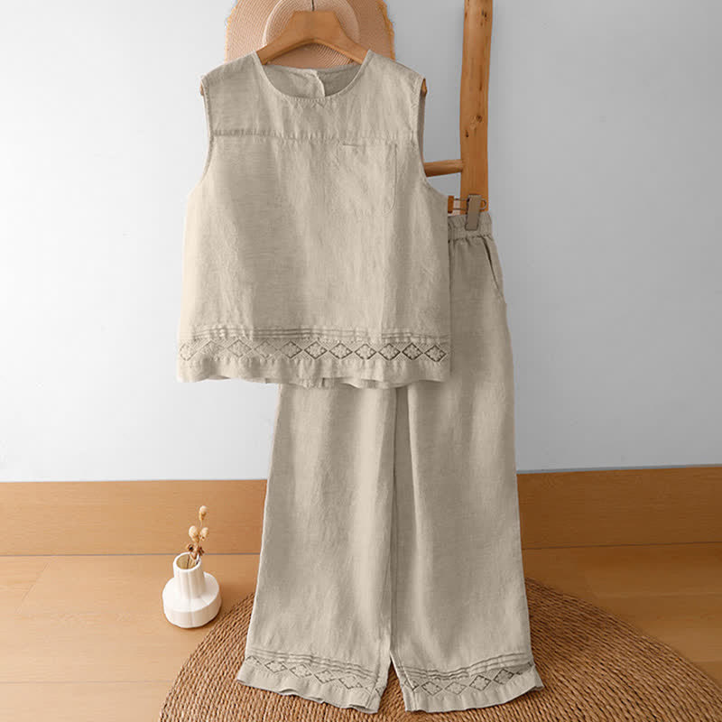 Buddha Stones Summer Casual Minimalist Geometric Hollow Hem Ankle Pants Women's Wide Leg Pants With Pockets - image 46