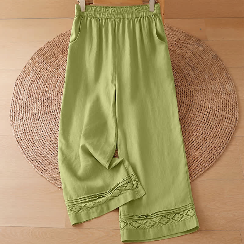Buddha Stones Summer Casual Minimalist Geometric Hollow Hem Ankle Pants Women's Wide Leg Pants With Pockets - YellowGreen Pants - US8-10, UK/AU12-14, EU40-42 (2XL) - image 0