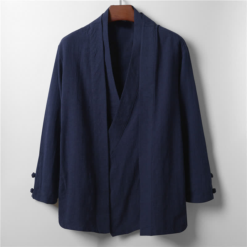 Buddha Stones Spring Casual Minimalist Solid Lapel Ramie Men's Kimono - MidnightBlue - US/UK/AU44，EU54 (4XL) - image 10