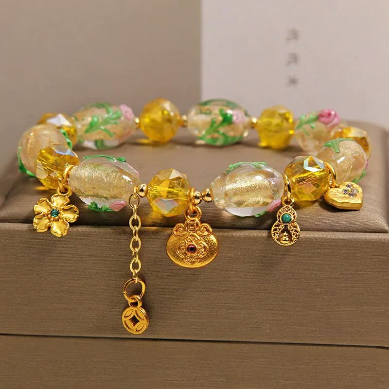 Buddha Stones Yellow Liuli Faceted Money Bag Copper Coin Gourd Abundance Charm Chinese Style Bracelet - image 4