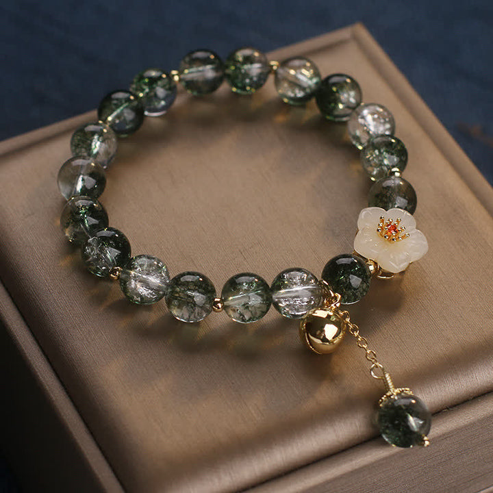 Buddha Stones Green Phantom White Jade Flower Charm Wealth Bracelet - image 2