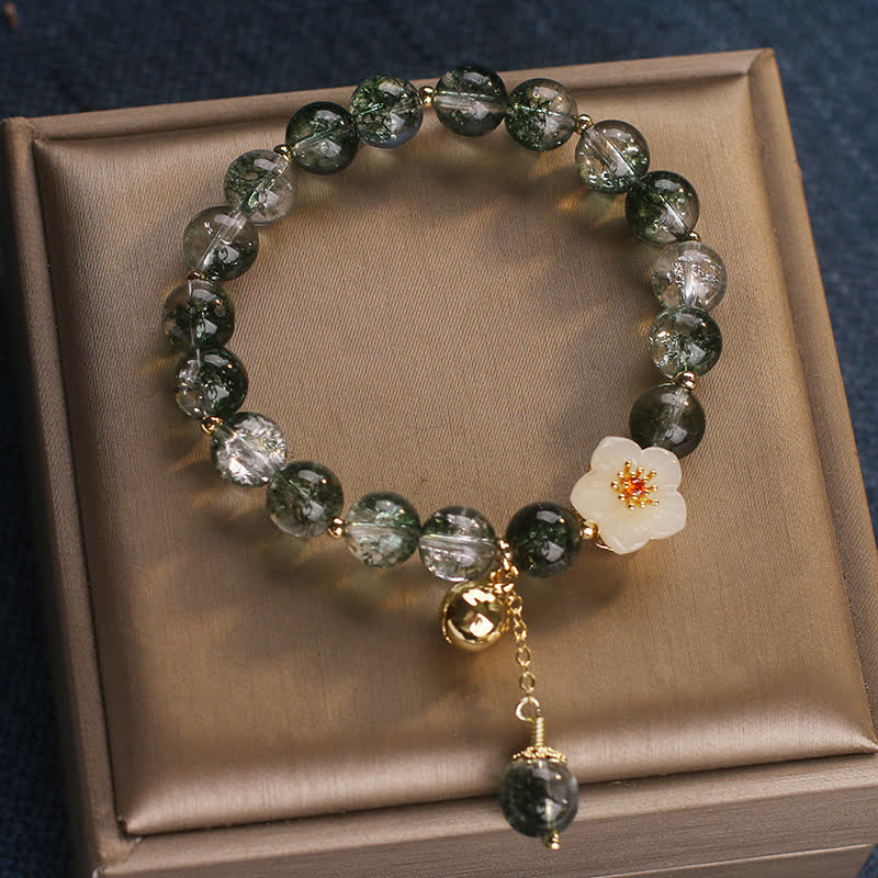 Buddha Stones Green Phantom White Jade Flower Charm Wealth Bracelet - image 1