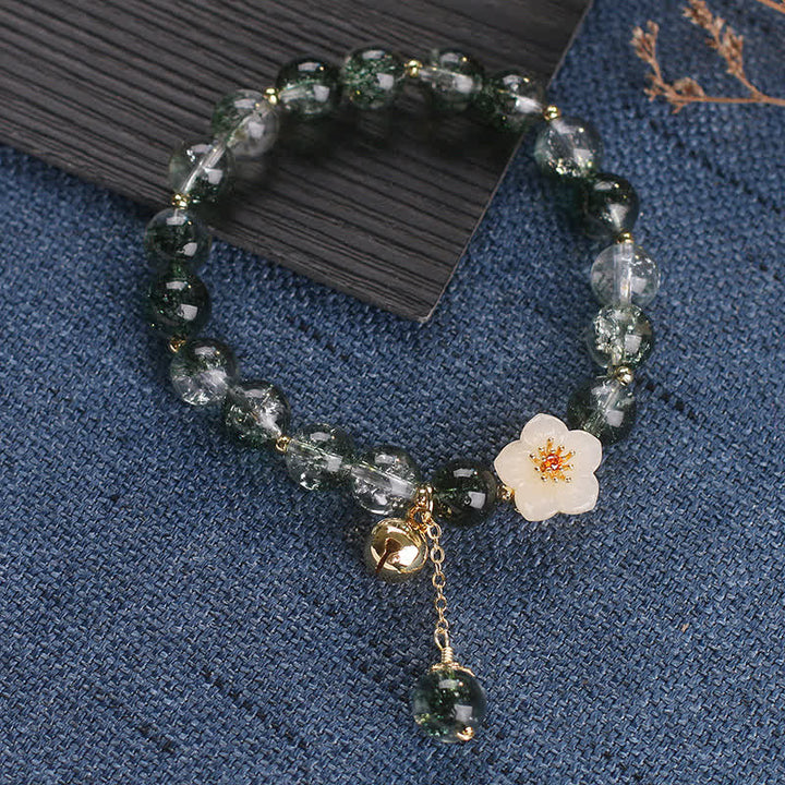 Buddha Stones Green Phantom White Jade Flower Charm Wealth Bracelet - image 12