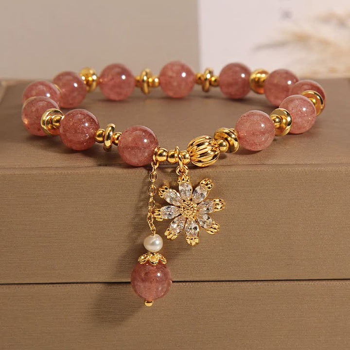 Buddha Stones Strawberry Quartz Pearl Daisy Love Bracelet - Daisy Flower(Wrist Circumference: 5.91-6.29  in / 15-16cm) - image 0