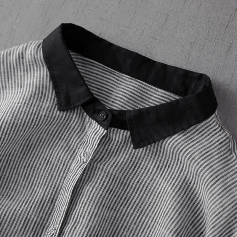 Buddha Stones Summer Casual Tang Style Button-Up Striped Women's Long Sleeve Shirts With Pocket - image 3