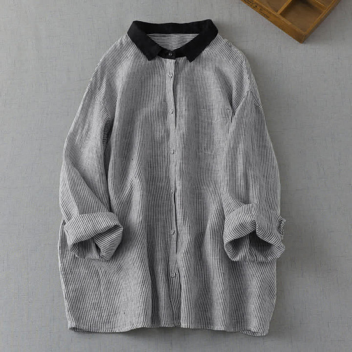 Buddha Stones Summer Casual Tang Style Button-Up Striped Women's Long Sleeve Shirts With Pocket - LightGray - US8-10, UK/AU12-14, EU40-42 (2XL) - image 2