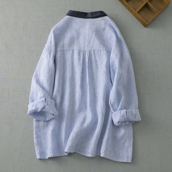 Buddha Stones Summer Casual Tang Style Button-Up Striped Women's Long Sleeve Shirts With Pocket - image 1