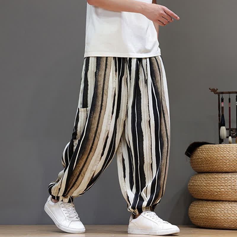Buddha Stones Summer Casual Boho Patch Pocket Striped Cropped Pants Men's Harem Pants With Pocket - image 14