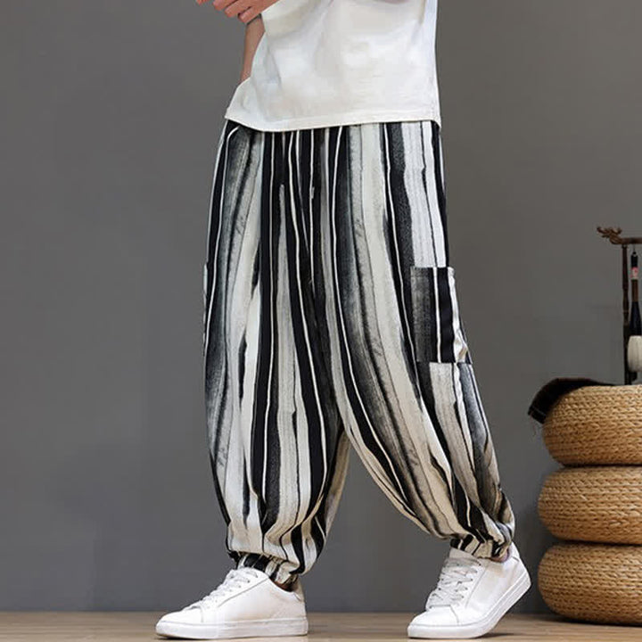Buddha Stones Summer Casual Boho Patch Pocket Striped Cropped Pants Men's Harem Pants With Pocket - image 0