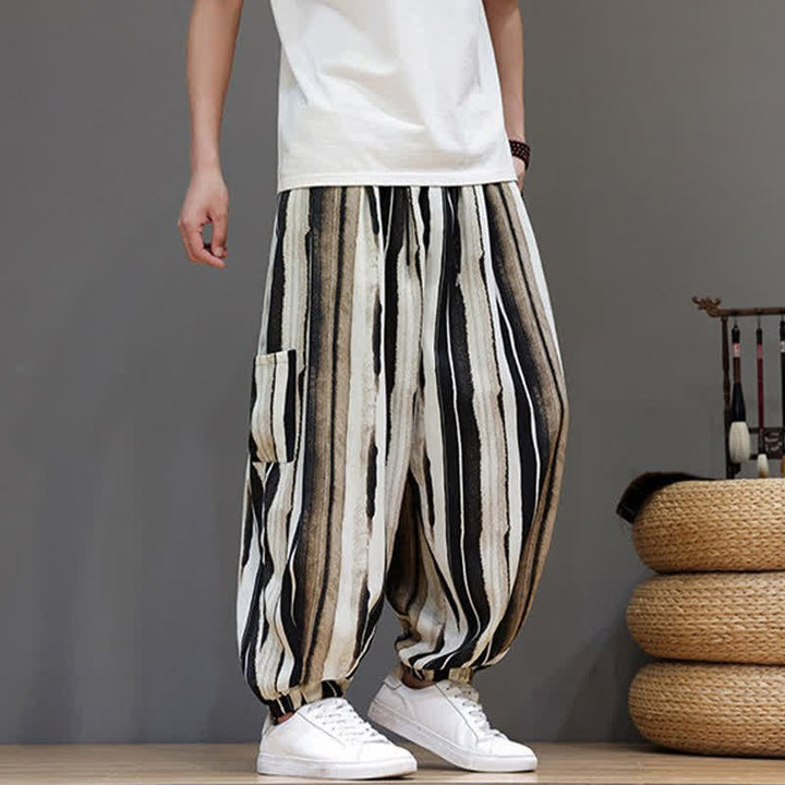 Buddha Stones Summer Casual Boho Patch Pocket Striped Cropped Pants Men's Harem Pants With Pocket - image 16