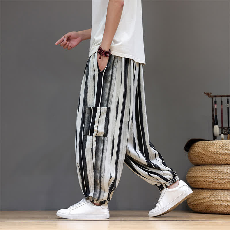 Buddha Stones Summer Casual Boho Patch Pocket Striped Cropped Pants Men's Harem Pants With Pocket - image 4