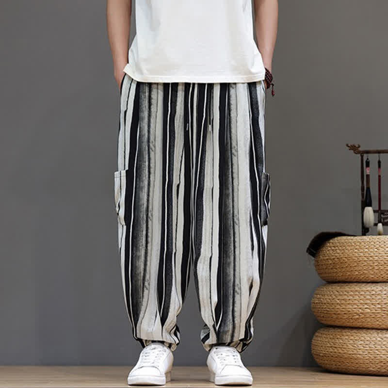 Buddha Stones Summer Casual Boho Patch Pocket Striped Cropped Pants Men's Harem Pants With Pocket - image 1